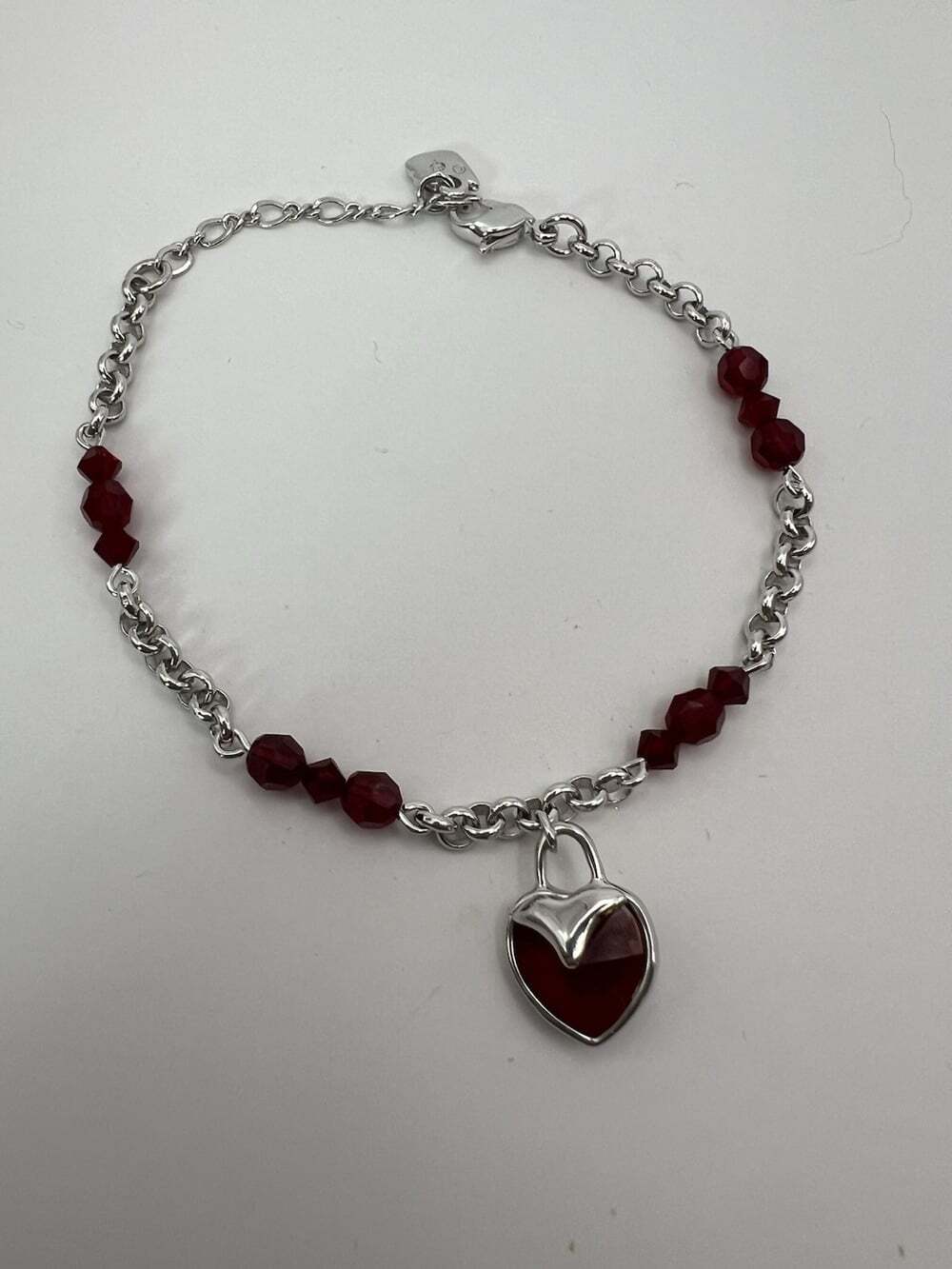 Swarovski Go Red Heart Charm Bracelet Red Crystal Silver Tone NIB 8”